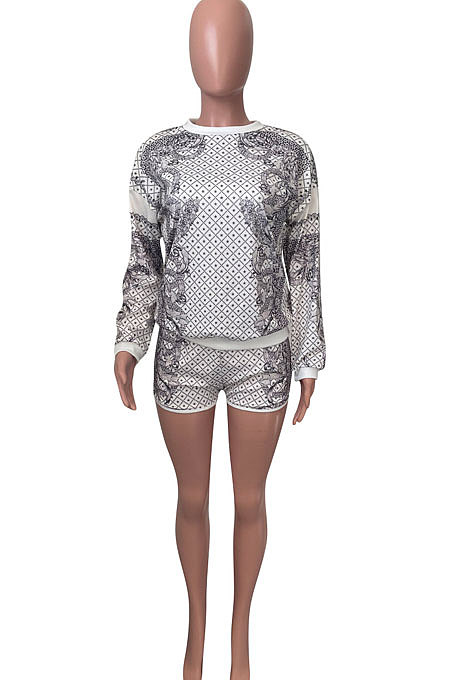 Red Women Positioning Printing Casual Long Sleeve Round Collar Blouse Shorts Sets NK257-3