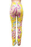 Yellow Women Shirred Detail Tight Mid Waist Long Pants NK105-2