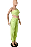 Blue Summer Pure Color Spliced Oblique Shoulder Condole Belt Tank Loose Ankle Banded Pants Sets YNS1662-3