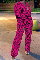 Rose Red Decorative Pattern Long Sleeve Lapel Neck Single-Breasted Shirts High Waist Shift Pants Two-Piece F88385-2