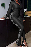 Blue Fashion Pure Color Printing Long Sleeve Stand Collar Zippet Slim Fitting Bodycon Jumpsuits F88387-2