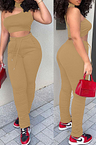 Khaki Cotton Blend Irregularity Sleeveless High Neck Tank Drawsting Ruffle Pants Solid Color Two-Piece YNS1663-2