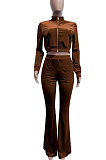 Brown Women Korea Velvet  Long Sleeve Zipper Spliced Sport Pants Sets NK263-9