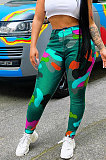 Blue Women Camo Printing Bodycon Mid Waist Long Pants NK0100-1