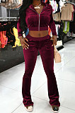 Dark Green Women Korea Velvet  Long Sleeve Zipper Spliced Sport Pants Sets NK263-8