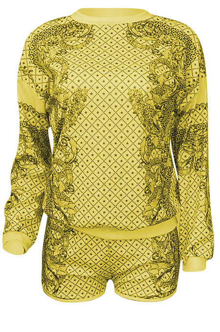 Red Women Positioning Printing Casual Long Sleeve Round Collar Blouse Shorts Sets NK257-3