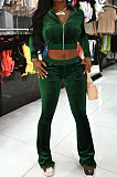 Brown Women Korea Velvet  Long Sleeve Zipper Spliced Sport Pants Sets NK263-9