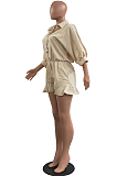 Red Casual Half Sleeve Lapel Collar Single-Breasted Elesticband Ruffle Solid Color Romper Shorts H1685-3