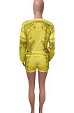 White Women Positioning Printing Casual Long Sleeve Round Collar Blouse Shorts Sets NK257-1