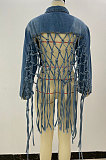 Light Blue Back Gridding Tassel Jeans Jocket NZ958