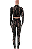 Black Women Lace Long Sleeve Tops Bodycon Sport Casual Pants Sets NK261-2