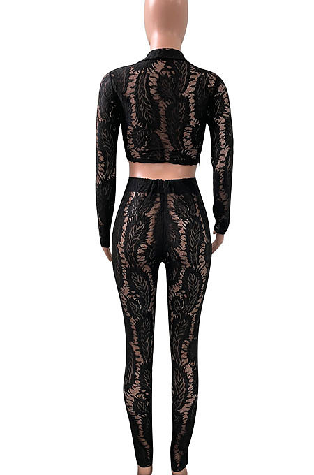 Black Women Lace Long Sleeve Tops Bodycon Sport Casual Pants Sets NK261-2
