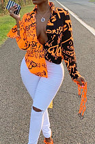 Orange Women Graffiti Printing Turn-Down Collar Long Sleeve Cardigan Loose Shirts NK057-1