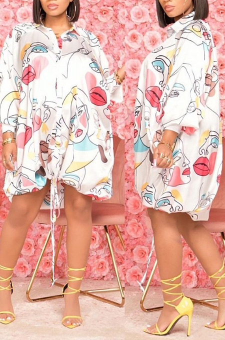 White New Autumn Winter Printing Long Sleeve Lapel Neck Loose Lantern Dress H1683