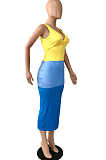 Red New Summer Contarst Color Spliced Sleeveless V Collar Backless Bodycon Midi Dress YNS16803-1