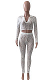 White Women Lace Long Sleeve Tops Tight Sport Casual Pants Sets NK261-1