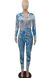 Green Fashion Printing Long Sleeve Stand Neck Zippet Collcet Waist Bodycon Jumpsuits MTY6570-2