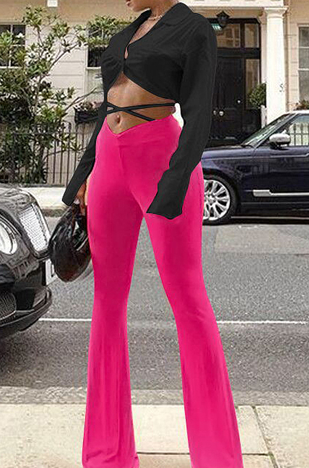 White Wholesal Women Long Sleeve Lapel Neck Backless Tide Shirt Slim Fitting Flared Pants Two-Piece F88389-1