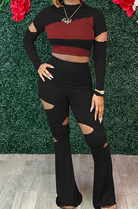 Black Wholesal Spliced Long Sleeve Round Collar Crop Top Hollow Out High Waist Ruffle Flared Pants Two-Piece LM88805-3