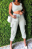 White Sleeveless U Neck Tank With Pocket Drawsting Sweat Pants Solid Color Casual Yoga Sets H1651-6