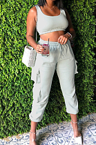 White Sleeveless U Neck Tank With Pocket Drawsting Sweat Pants Solid Color Casual Yoga Sets H1651-6