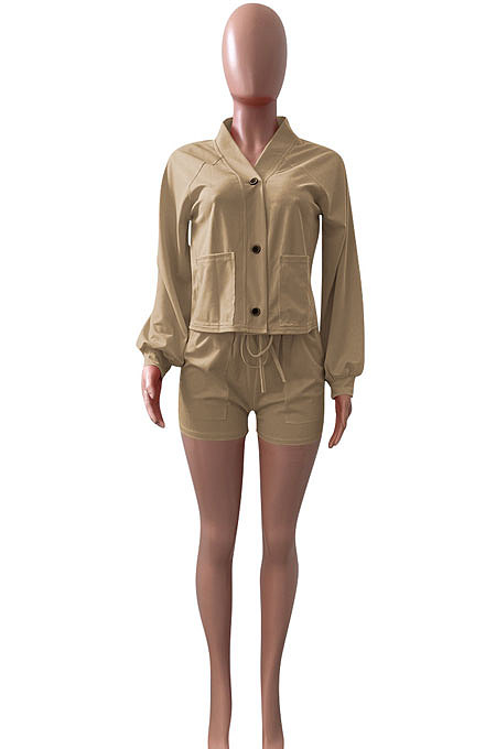 White Women Roman Cloth Long Sleeve Solid Color Cardigan Sport Casual Shorts Sets NK259-1
