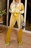 Brown Women Korea Velvet  Long Sleeve Zipper Spliced Sport Pants Sets NK263-9