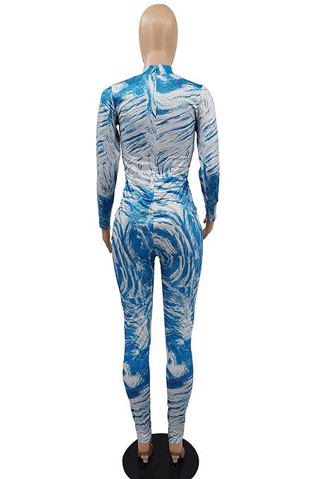 Khaki Fashion Printing Long Sleeve Stand Neck Zippet Collcet Waist Bodycon Jumpsuits MTY6570-3
