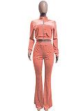 Wine Red Women Korea Velvet  Long Sleeve Zipper Spliced Sport Pants Sets NK263-10