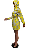 Orange Casual Printing Long Sleeve Zipper Beltband Drawsting Hoodie Coat Shorts Sport Two-Piece F88388-3