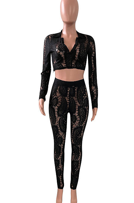 Black Women Lace Long Sleeve Tops Bodycon Sport Casual Pants Sets NK261-2