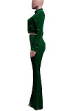 Dark Blue Women Korea Velvet  Long Sleeve Zipper Spliced Sport Pants Sets NK263-11