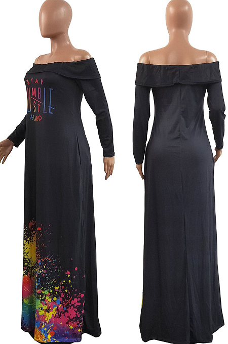 Wholesal New Lips Printing Long Sleeve A Word Shoulder Loose Collcet Waist Long Dress H1688