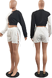 Blue Fashion Eyelet Bandage Spliced Long Sleeve Round Neck Fleece Shorts Two-Piece H1682-2