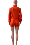 Khaki Women Roman Cloth Long Sleeve Solid Color Cardigan Sport Casual Shorts Sets NK259-4