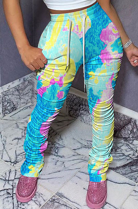 Colorful Women Shirred Detail Tight Mid Waist Long Pants NK105-1
