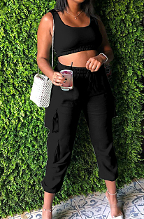 Black Sleeveless U Neck Tank With Pocket Drawsting Sweat Pants Solid Color Casual Yoga Sets H1651-1