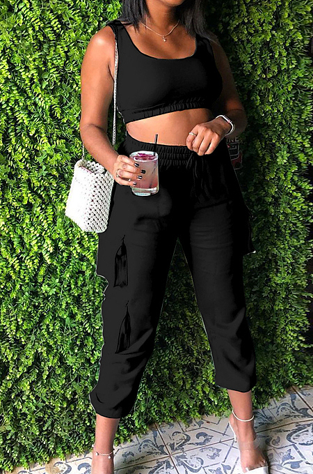 Black Sleeveless U Neck Tank With Pocket Drawsting Sweat Pants Solid Color Casual Yoga Sets H1651-1