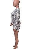 White Women Positioning Printing Casual Long Sleeve Round Collar Blouse Shorts Sets NK257-1
