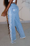 Light Color Women Loose Hole Tassel Set Auger Debris Wide Leg Pants NZ917