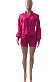 White Women Roman Cloth Long Sleeve Solid Color Cardigan Sport Casual Shorts Sets NK259-1