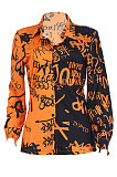 Green Women Graffiti Printing Turn-Down Collar Long Sleeve Cardigan Loose Shirts NK057-6