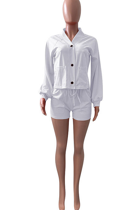 White Women Roman Cloth Long Sleeve Solid Color Cardigan Sport Casual Shorts Sets NK259-1