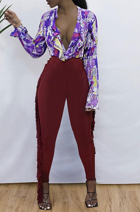 Champagne Cute Tassel High Waist Solid Color Bodycon Pants MTY6568-3