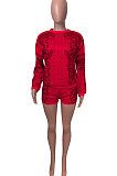 Yellow Women Positioning Printing Casual Long Sleeve Round Collar Blouse Shorts Sets NK257-2