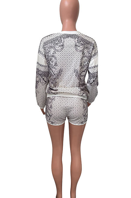 Yellow Women Positioning Printing Casual Long Sleeve Round Collar Blouse Shorts Sets NK257-2