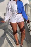 Red Fashion Eyelet Bandage Spliced Long Sleeve Round Neck Fleece Shorts Two-Piece H1682-1