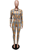 Khaki Plaid Printing Long Sleeve Lapel Neck Single-Breadsted Shirts Bodycon Pants Sets F88381-1