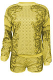 Yellow Women Positioning Printing Casual Long Sleeve Round Collar Blouse Shorts Sets NK257-2