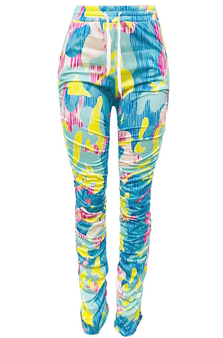 Colorful Women Shirred Detail Tight Mid Waist Long Pants NK105-1